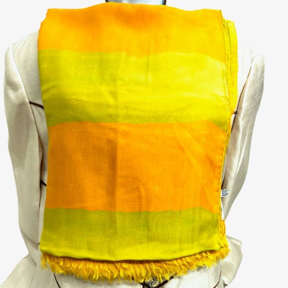 HERMES ParisLightGreen Orange Chiffon silk Scarf 70"x2 8  Logo H PrintFringe(34 - Picture 13 of 14